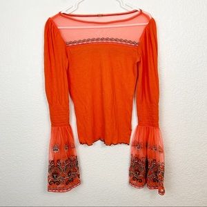 Free People Orange Embroidered Blouse